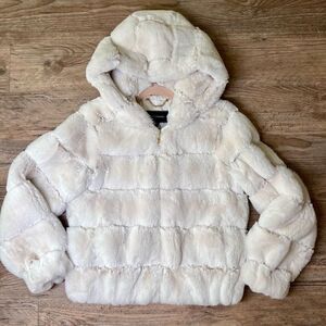 BCBGMAXAZRIA Womens White‎ Missy Grooved Faux Fur Full Zip Hooded Jacket Small